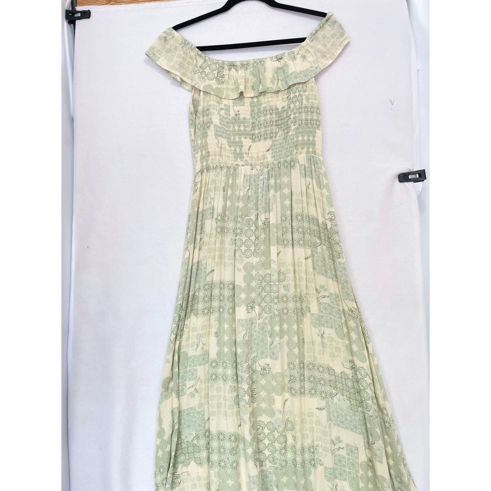 Wonderly Maxi Dress Womens Medium Green Patchwork Smocked Off Shoulder Ruffle - Picture 7 of 9
